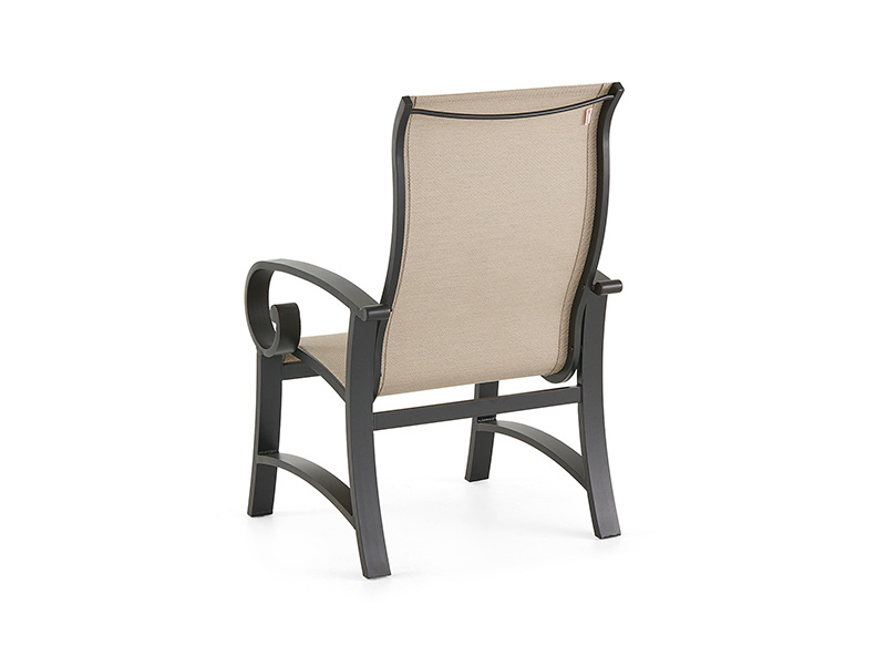 CHAISE À MANGER SOLSTICE EN ALUMINIUM BRONZE VIEILLI AVEC TRESSES ÉLASTIQUES