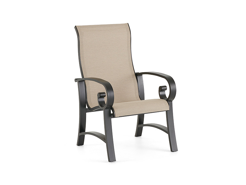CHAISE À MANGER SOLSTICE EN ALUMINIUM BRONZE VIEILLI AVEC TRESSES ÉLASTIQUES