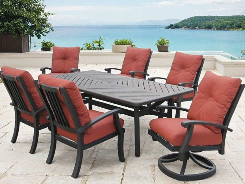 ENSEMBLE DE RESTAURANT 7 PIÈCES CHATEAU EN ALUMINIUM EXTÉRIEUR AVEC COUSSINS (TABLE À MANGER DE 86 X 44 POUCES)